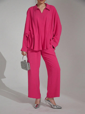 Crinkled Oversized Shirt & Pant Matching Sets Mature Women Fushcia Comfy Outfits