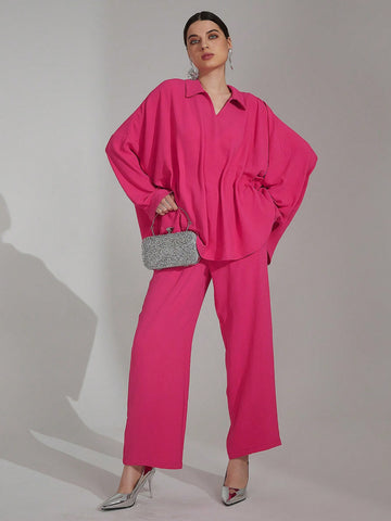 Crinkled Oversized Shirt & Pant Matching Sets Mature Women Fushcia Comfy Outfits