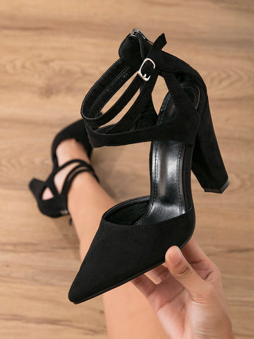 Criss Cross Point Toe Heeled Faux Suede Ankle Strap Pumps, Black Elegant High Heel Shoes For Women With Solid Color Ankle Straps Buckle