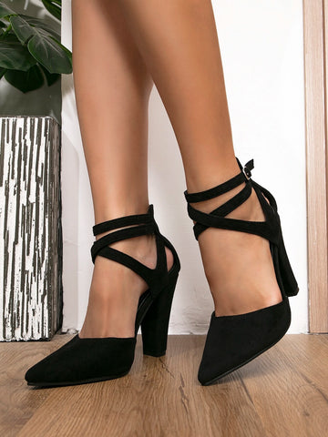Criss Cross Point Toe Heeled Faux Suede Ankle Strap Pumps, Black Elegant High Heel Shoes For Women With Solid Color Ankle Straps Buckle