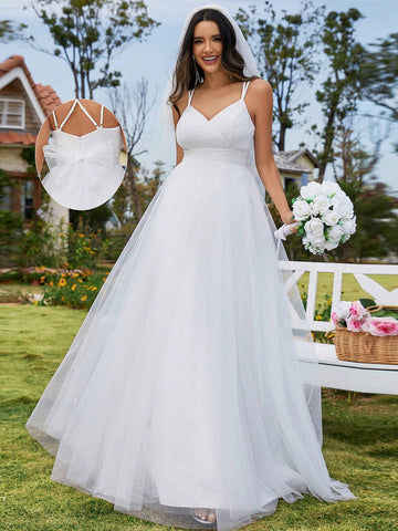 Crisscross Backless Bow Backless Lace Mesh Wedding Dress