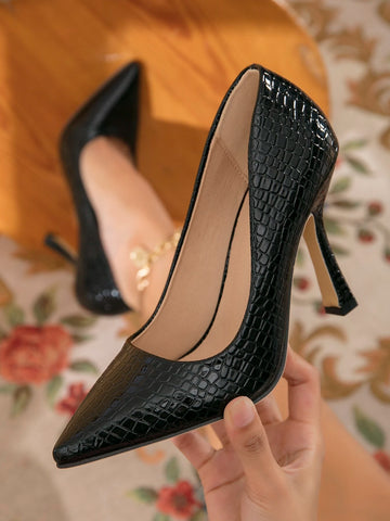 Crocodile Embossed Point Toe Heeled Court Pumps, Black Elegant Color Block Women's High Heel Shoes