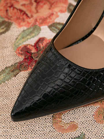 Crocodile Embossed Point Toe Heeled Court Pumps, Black Elegant Color Block Women's High Heel Shoes