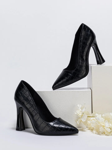 Crocodile Embossed Point Toe Heeled Court Pumps, Black Elegant Crocodile Pattern High Heel Pump Shoes For Women