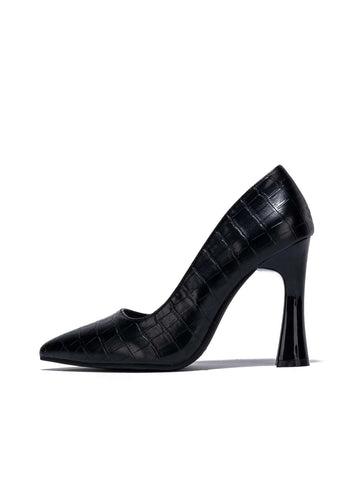 Crocodile Embossed Point Toe Heeled Court Pumps, Black Elegant Crocodile Pattern High Heel Pump Shoes For Women
