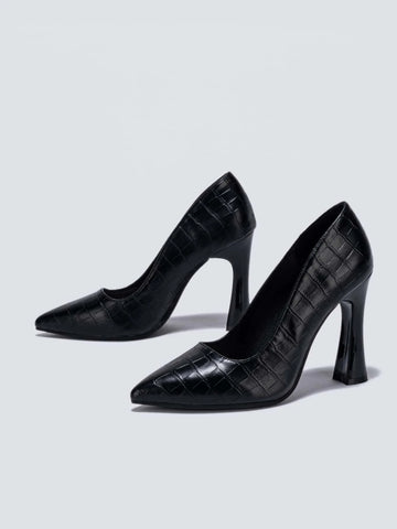 Crocodile Embossed Point Toe Heeled Court Pumps, Black Elegant Crocodile Pattern High Heel Pump Shoes For Women
