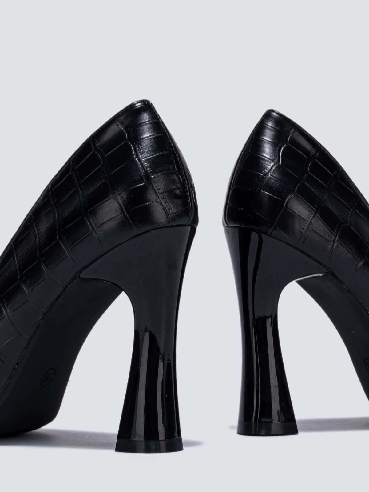 Crocodile Embossed Point Toe Heeled Court Pumps, Black Elegant Crocodile Pattern High Heel Pump Shoes For Women