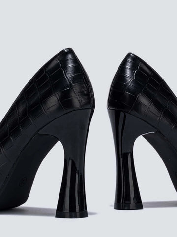 Crocodile Embossed Point Toe Heeled Court Pumps, Black Elegant Crocodile Pattern High Heel Pump Shoes For Women