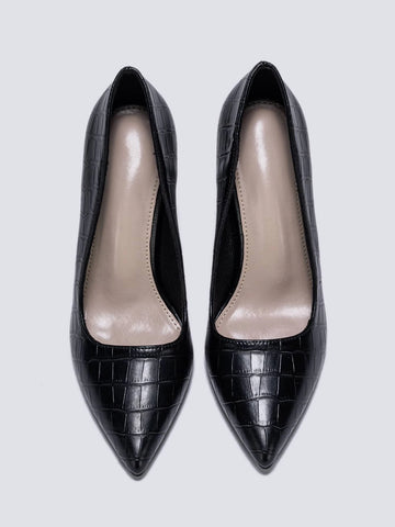 Crocodile Embossed Point Toe Heeled Court Pumps, Black Elegant Crocodile Pattern High Heel Pump Shoes For Women