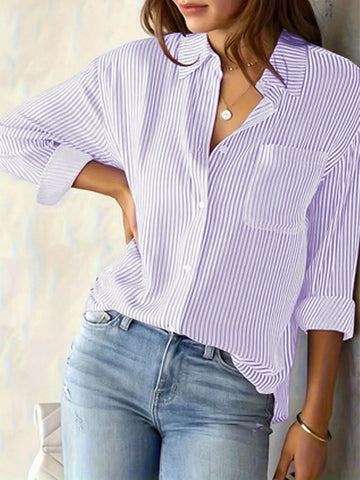 Cross-Border New Autumn Stripe Print Top, Casual Fashionable Long Sleeve Shirt For Women