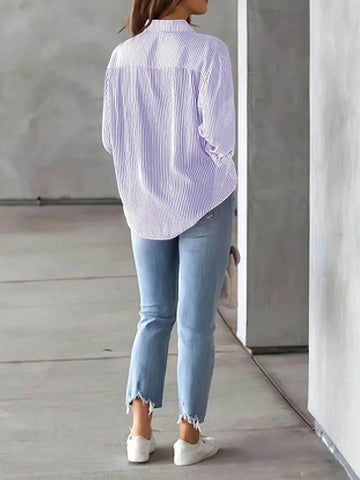 Cross-Border New Autumn Stripe Print Top, Casual Fashionable Long Sleeve Shirt For Women