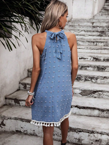 Cross Front Halter Neck Tie Back Tassel Hem Dress