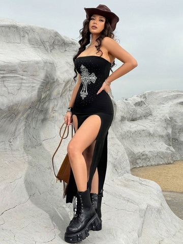 Cross Patterned High Slit Bandeau Maxi Dress