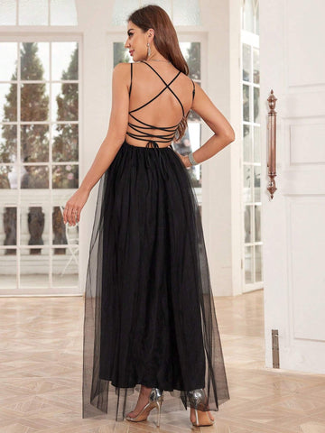 Cross Strap Backless Mesh Halter Evening Dress