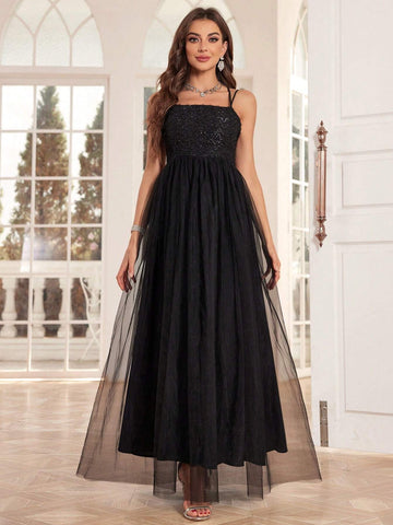 Cross Strap Backless Mesh Halter Evening Dress