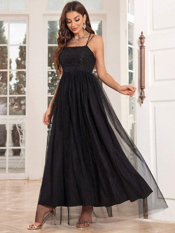 Cross Strap Backless Mesh Halter Evening Dress