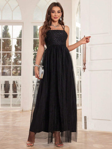 Cross Strap Backless Mesh Halter Evening Dress