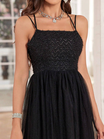 Cross Strap Backless Mesh Halter Evening Dress