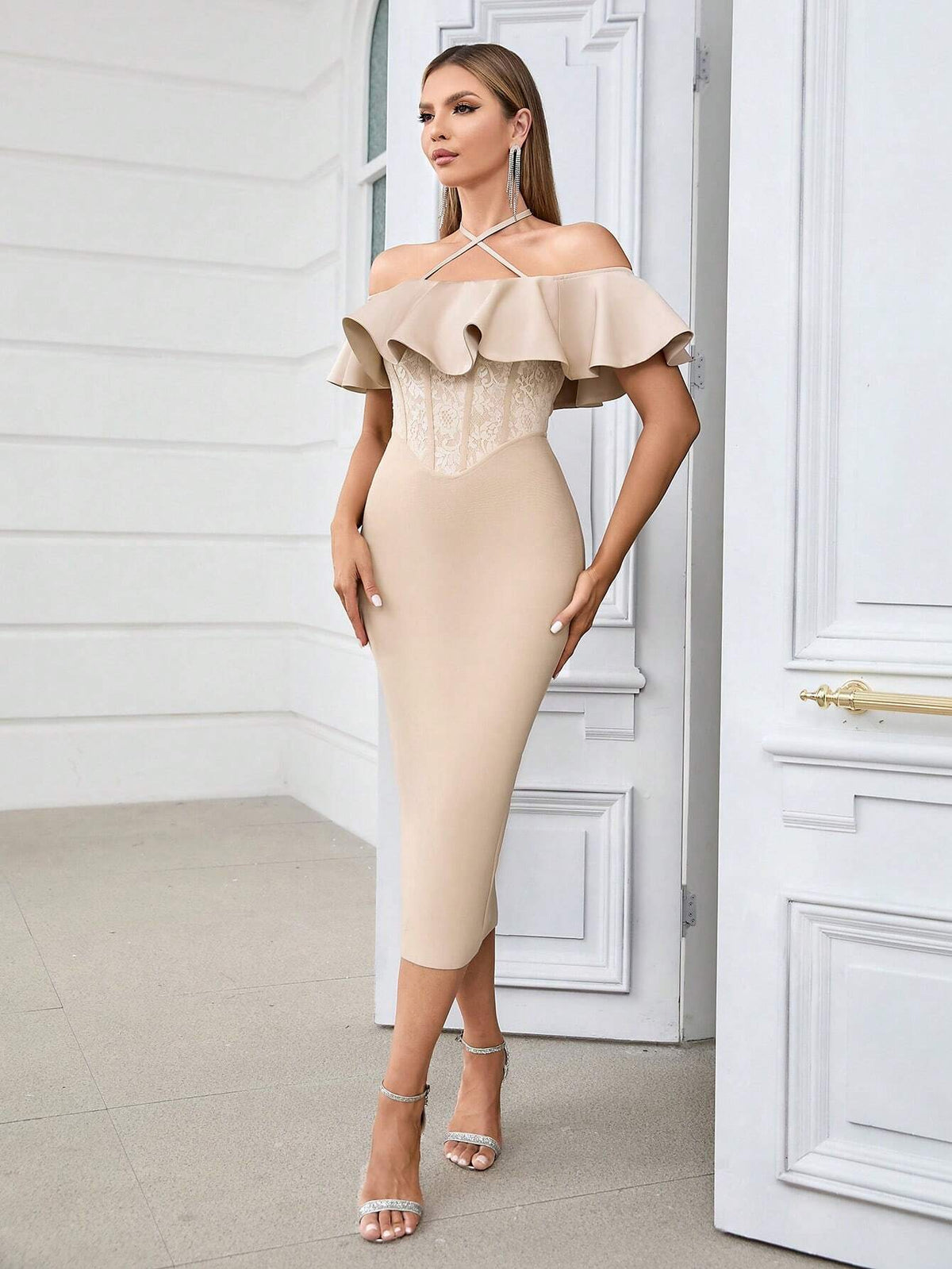 Crossed Halter Neck Bodycon Bandage Dress With Lace And Ruffled Hem, Slit Back, Perfect For Cocktail Party