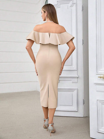 Crossed Halter Neck Bodycon Bandage Dress With Lace And Ruffled Hem, Slit Back, Perfect For Cocktail Party