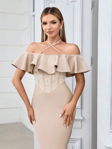 Crossed Halter Neck Bodycon Bandage Dress With Lace And Ruffled Hem, Slit Back, Perfect For Cocktail Party