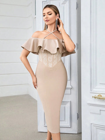 Crossed Halter Neck Bodycon Bandage Dress With Lace And Ruffled Hem, Slit Back, Perfect For Cocktail Party