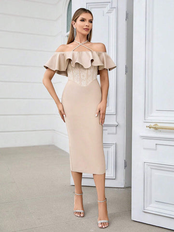 Crossed Halter Neck Bodycon Bandage Dress With Lace And Ruffled Hem, Slit Back, Perfect For Cocktail Party