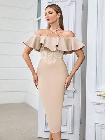 Crossed Halter Neck Bodycon Bandage Dress With Lace And Ruffled Hem, Slit Back, Perfect For Cocktail Party