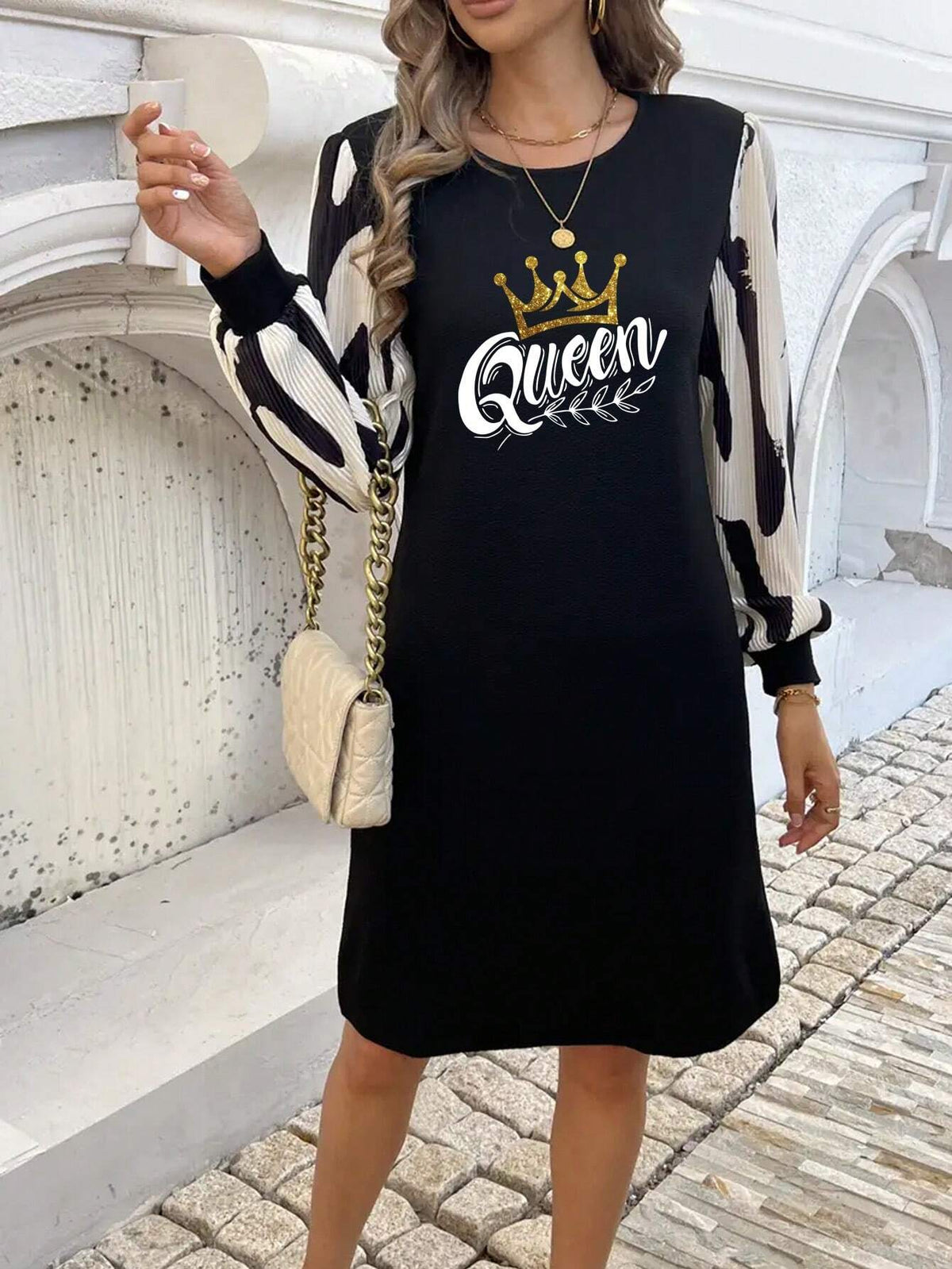 Crown Print Pattern, Casual Round Neck Long Sleeve Dress, Autumn Women's Wear