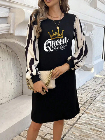 Crown Print Pattern, Casual Round Neck Long Sleeve Dress, Autumn Women's Wear