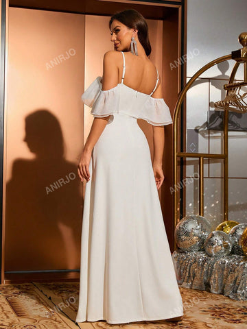 Crystal Beaded Spaghetti Strap Dress With Ruffled High Collar And Thigh High Slit