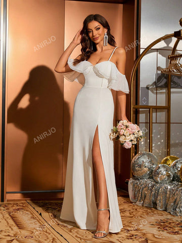 Crystal Beaded Spaghetti Strap Dress With Ruffled High Collar And Thigh High Slit