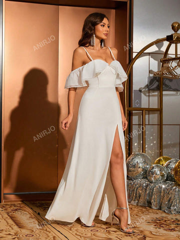 Crystal Beaded Spaghetti Strap Dress With Ruffled High Collar And Thigh High Slit