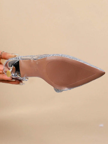 Crystal Studded Pointed High Heel Sandals For Women, 2024 New Wedding Shoes, Hollow Out, Sexy, Low Cut, Elegant