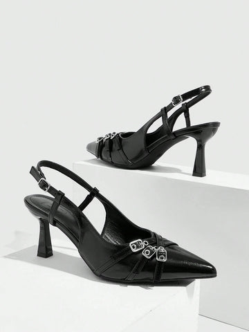 Black Buckle Pointed Toe Stilettos High Heels For Women, Suitable For Commute,