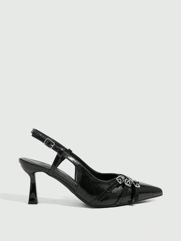 Black Buckle Pointed Toe Stilettos High Heels For Women, Suitable For Commute,