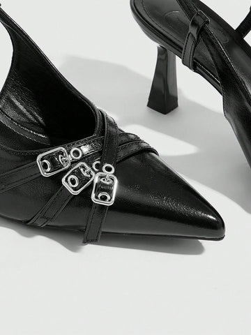 Black Buckle Pointed Toe Stilettos High Heels For Women, Suitable For Commute,