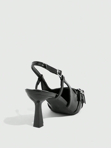 Black Buckle Pointed Toe Stilettos High Heels For Women, Suitable For Commute,