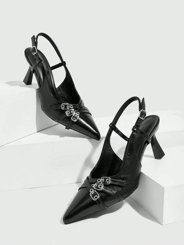 Black Buckle Pointed Toe Stilettos High Heels For Women, Suitable For Commute,
