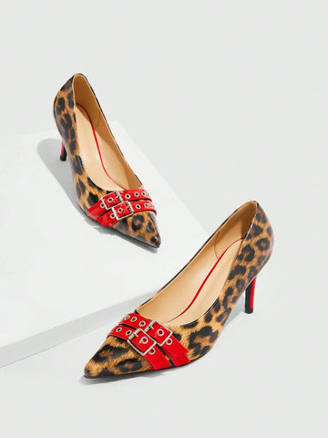 Women's Leopard Print Contrast Color Pointed Toe High Heels For Christmas