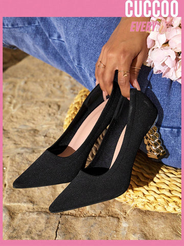 Cuccoo Everyday Collection Women Shoes Fashion Versatile Point Toe Sculptural Black Heeled Pumps