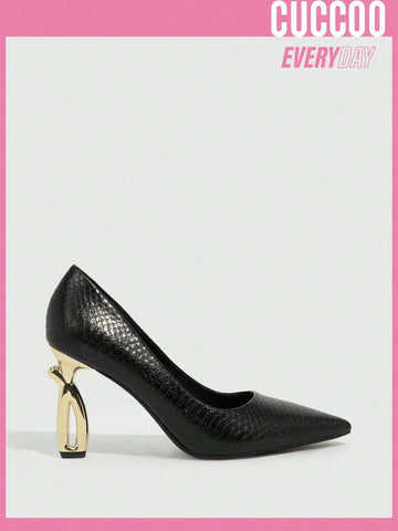 Cuccoo Everyday Collection Women's Shoes Fashion Black Snakeskin Embossed Point Toe Sculptural Heeled Court Black Pumps