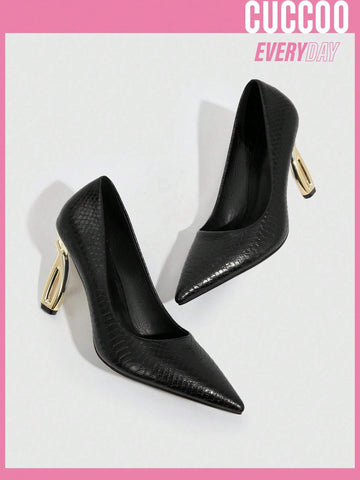 Cuccoo Everyday Collection Women's Shoes Fashion Black Snakeskin Embossed Point Toe Sculptural Heeled Court Black Pumps