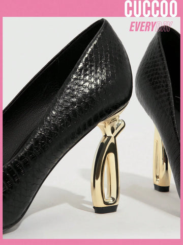 Cuccoo Everyday Collection Women's Shoes Fashion Black Snakeskin Embossed Point Toe Sculptural Heeled Court Black Pumps