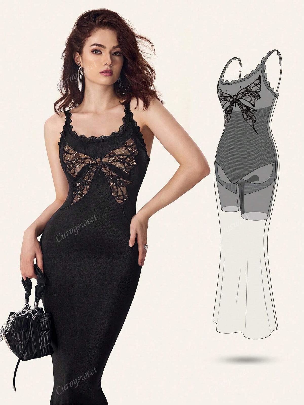 CurvySweet Original Design Butterfly Lace Applique Longline Bodycon Dress