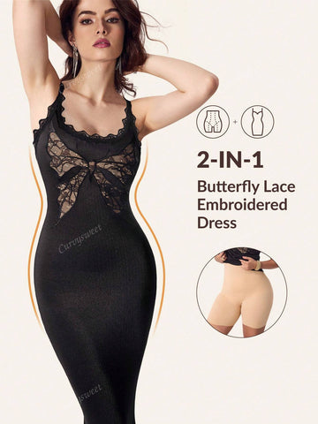 CurvySweet Original Design Butterfly Lace Applique Longline Bodycon Dress