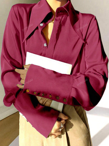 Women Trendy Long Sleeve Solid Color Blouse