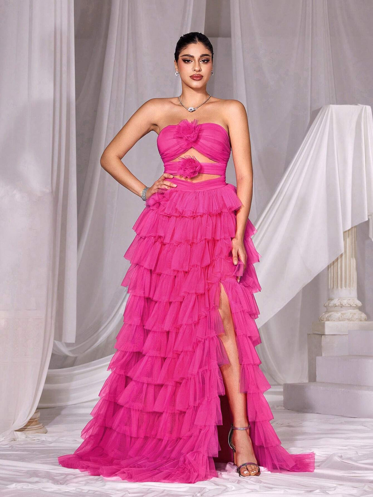 Cut Out Front Layered Mesh Tube Cake Dress