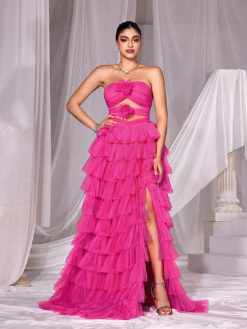 Cut Out Front Layered Mesh Tube Cake Dress