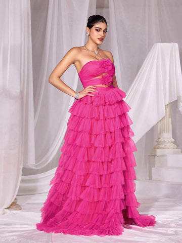 Cut Out Front Layered Mesh Tube Cake Dress